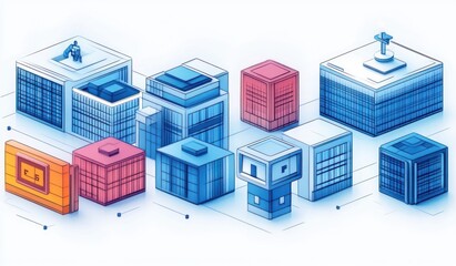 Isometric illustration of various modern buildings and structures in blue and red tones with clean lines and a digital architectural style