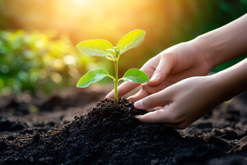 Hands passing seedling as sign of sustainability and future growth