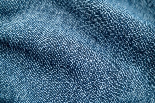 Close-up of textured blue denim fabric showing detailed weave pattern and soft folds