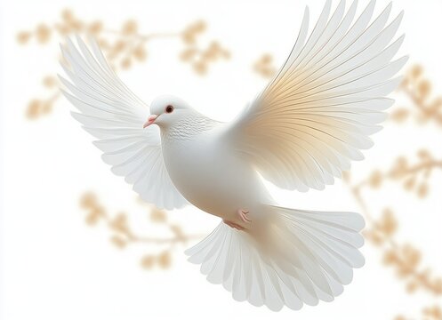 White dove in mid-flight with wings fully spread against a blurred background of soft golden branches, symbolizing peace and tranquility