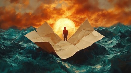 Silhouette of a person standing on a large paper boat in turbulent ocean waves with a dramatic fiery sunset sky