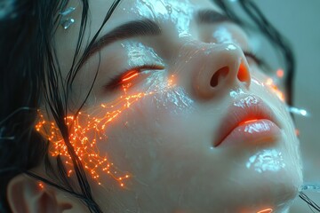 Close-up of a face with closed eyes showing glossy skin and glowing orange neural-like light patterns under the skin, conveying a serene and futuristic emotion