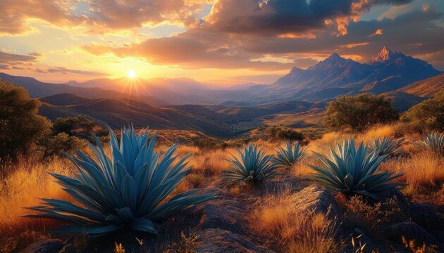 Sunset over a vast desert landscape with blue agave plants in golden grass and distant rugged mountains under a dramatic cloudy sky - Powered by Adobe