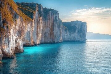 Sunlit towering cliffs with rugged rock faces beside calm turquoise blue sea under a clear sky at sunset