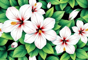 Fototapeta premium Watercolor white hibiscus blossoms & emerald green leaves, seamless floral pattern, botanical, seamless