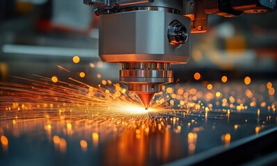 Close-up of a laser cutting machine emitting bright sparks while cutting through a metal sheet in an industrial setting