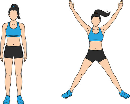 Young woman performing a full-body jumping jack exercise, illustrating the start and end positions for a dynamic cardio workout, fitness,