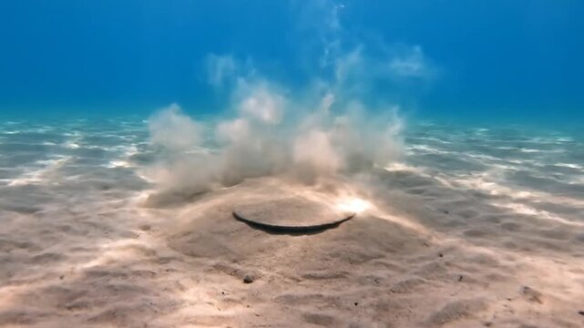 Underwater disc shaped object on the sandy ocean floor.