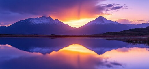 Calm lake reflecting snow-capped mountains under a vibrant sunset sky with purple, orange, and yellow hues creating a peaceful and serene atmosphere