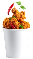Fried chicken overflowing from a white bucket, adorned with peppers and parsley