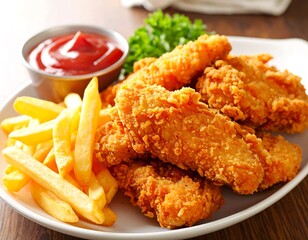Fried chicken tenders with french fries, ketchup, and parsley served on white plate