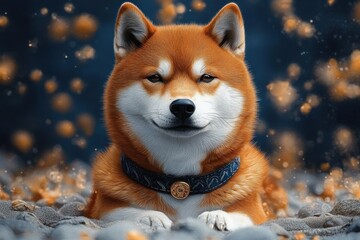 Obraz premium close-up of a calm shiba inu dog with orange and white fur wearing a decorative collar lying on pebbles with blurred glowing orange particles in the dark background