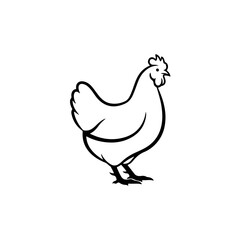 Minimalist black outline drawing of a domestic chicken hen in profile, perfect for farm, food, or agriculture design projects. isolated on transparent background