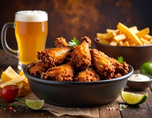 Fried chicken wings in a bowl with beer, fries, and lime on a wooden table