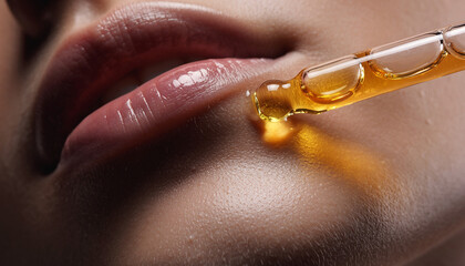 Close-up of a woman applying sunscreen serum to her lips using a dropper mockup