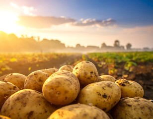 Freshly harvested potatoes fill a box under a sunrise in a misty agricultural field