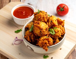 Fried dough balls in a bowl with a tomato and ketchup on a wooden board