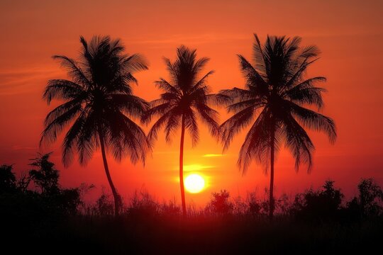 Vibrant tropical sunset with silhouettes of three palm trees against an intense orange and red sky, evoking tranquility and natural beauty