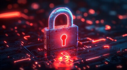 Digital glowing lock symbolizing cybersecurity and data protection on an illuminated electronic circuit board with futuristic neon red and blue lighting