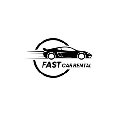 Fast car rental service logo with sleek black sports car silhouette, speed lines, and circular graphic for transportation business. isolated on transparent background