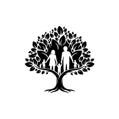 Stylized family tree silhouette with parents holding hands of children, symbolizing connection and heritage.  isolated on transparent background