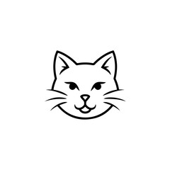 Simple black and white outline drawing of a smiling cat face with whiskers and pointed ears, isolated on white. isolated on transparent background