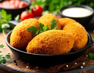 Fried golden-brown croquettes in a black pan, garnishing of herbs with dip and sauce
