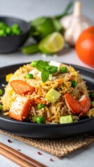 Fried rice dish with large pieces of crab and green garnish, served on dark plate
