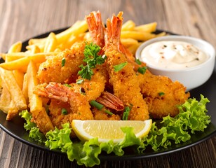 Fried shrimp, fries, lettuce, lemon, and sauce on a black plate, presented artfully