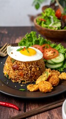 Fried rice with egg, vegetables, and crispy snacks served on a black plate