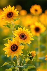 Obraz premium Bright yellow sunflowers in full bloom with lush green leaves under soft natural sunlight creating a warm and cheerful atmosphere