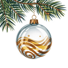 Elegant glass Christmas ornament with gold swirl design hangs from dark pine branch