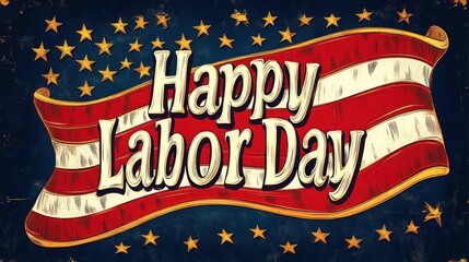 Vintage style American flag waving with large text saying Happy Labor Day surrounded by gold stars on dark blue background conveying festive and patriotic emotion