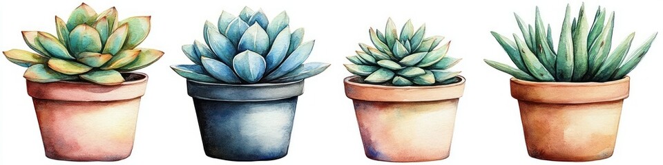 Four different watercolor painted succulent plants in individual small pots, featuring diverse leaf shapes and greenish-blue hues, displayed in a horizontal line