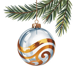 Elegant silver and gold swirl ornament hangs from a lush pine branch against a dark background