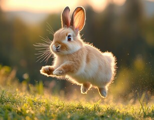 Fototapeta premium cute fluffy light brown rabbit mid-air jumping over grass with warm sunlight glowing behind in natural outdoor setting