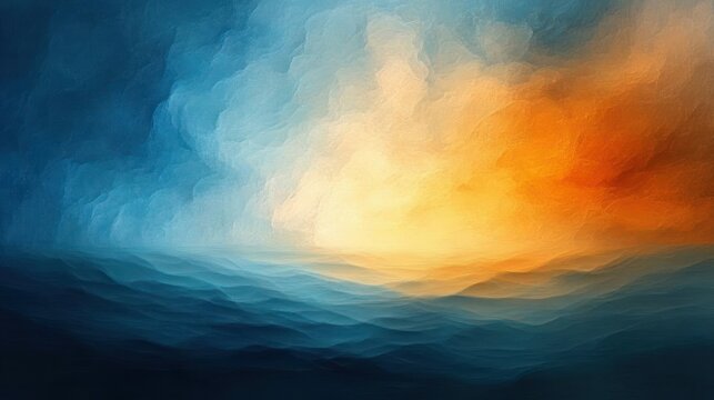 abstract digital painting of a serene ocean with waves under a vibrant sky transitioning from blue to warm orange hues suggesting sunrise or sunset