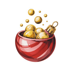 Stunning watercolor holiday ornaments overflowing from a vibrant red festive bowl