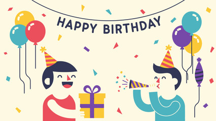 Obraz premium Joyful birthday celebration with balloons and gifts.