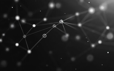 Abstract black and white network of interconnected glowing nodes and lines representing a digital or molecular structure in a dark space