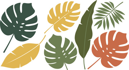 Fototapeta premium Tropical abstract botanical leaves collection featuring monstera philodendron and palm fronds in earthy tones for decor isolated on white background