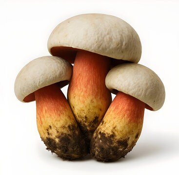 Three Red Pored Boletus Mushrooms with White Caps on White Background