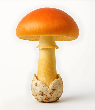 Single Red Orange Caesar's Mushroom with Volva on White Background