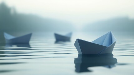 Obraz premium Three paper boats floating gently on calm water with a misty background creating a peaceful and serene atmosphere