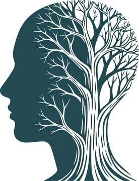 Abstract concept of a human head silhouette merging with a tree structure representing mind growth knowledge and natural intelligence isolated on white background