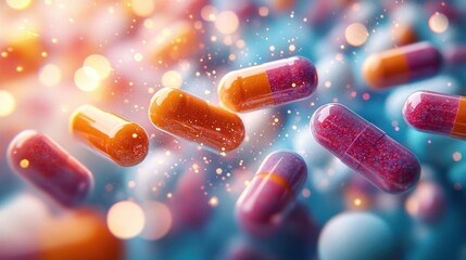 close-up view of orange and pink capsules floating against a soft blue background with glowing light effects conveying a sense of advanced medicine and health technology