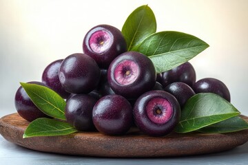 Close-up of fresh dark purple berries with glossy green leaves on a wooden plate against a light background