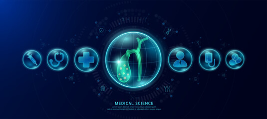 Science medical banner dark blue. Gallbladder organ hologram in transparent spherical dome along with the icons of a doctor plus sign and syringe. Vector EPS10.