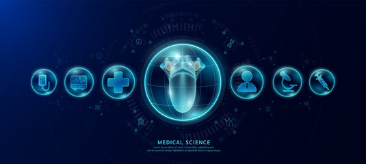 Science medical banner dark blue. Tongue organ hologram in transparent spherical dome along with the icons of a doctor plus sign and syringe. Vector EPS10.