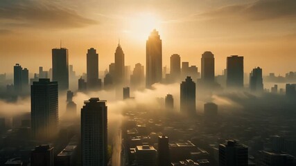 A cinematic cityscape at sunrise with fog rolling in, featuring a skyline of tall buildings and skyscrapers in a warm, golden light, conveying a serene and peaceful mood in a metropolitan - Powered by Adobe